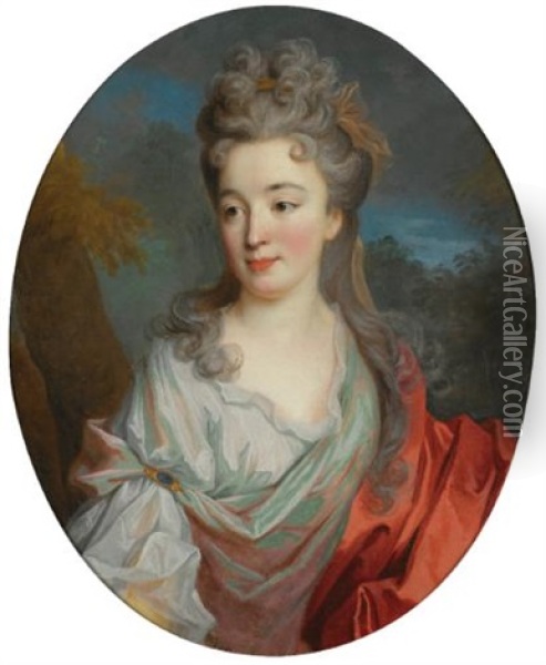 Portrait Of A Lady, Half Length, With A White Shirt And Red Sash, A Landscape Beyond Oil Painting - Jean-Baptiste Oudry