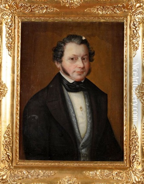 A Half-length Portrait Of A Young Gentleman With A Gold Earring And Long Side Whiskers, Wearing A Black Coat And Grey Embroidered Waistcoat Oil Painting - Rudolf W. A. Lehmann