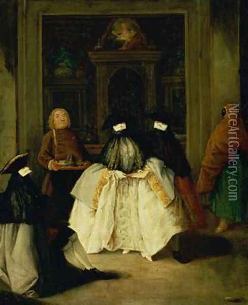 Masked Figures in a Venetian Coffee House Oil Painting - Pietro Longhi