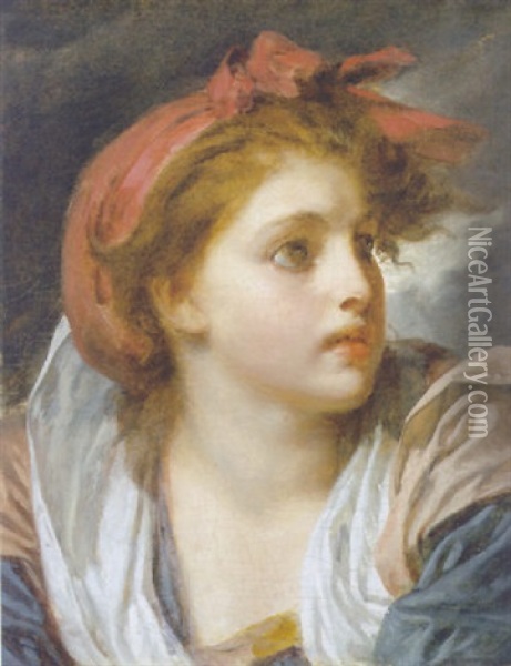 A Girl Wearing A Red Headscarf Oil Painting - Jean Baptiste Greuze