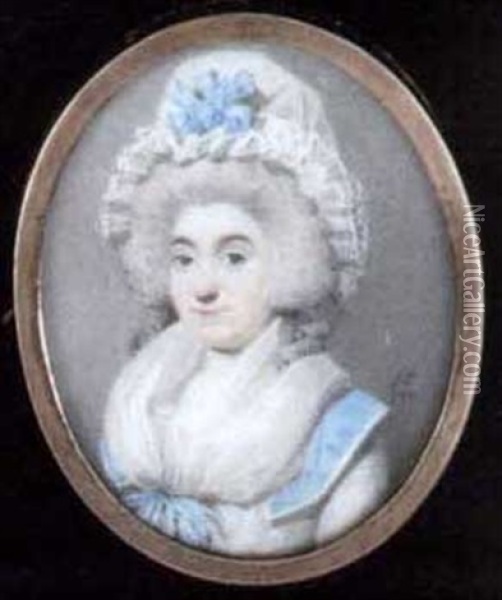 A Young Lady In White Dress With Blue Collar And Striped Ribbon At Corsage, White Fichu And A White Bonent With Blue Ribbon On Her Powdered Hair Oil Painting - Henry Edridge