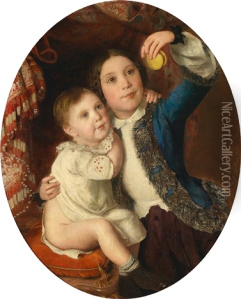 Zwei Kinder Beim Dodospiel Oil Painting - Johann Baptist Reiter