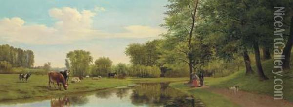 A Walk On The Estate Heizicht, Dubbeldam Oil Painting - Frans Lebret