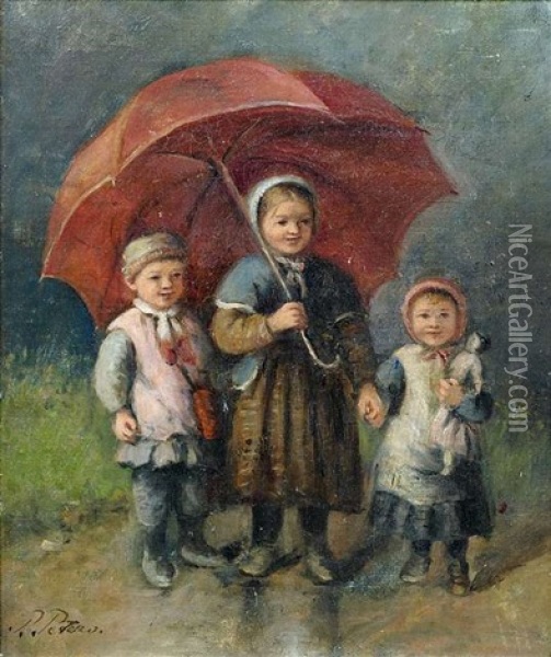 Drei Kinder Mit Rotem Regenschirm Oil Painting - Pietronella Peters