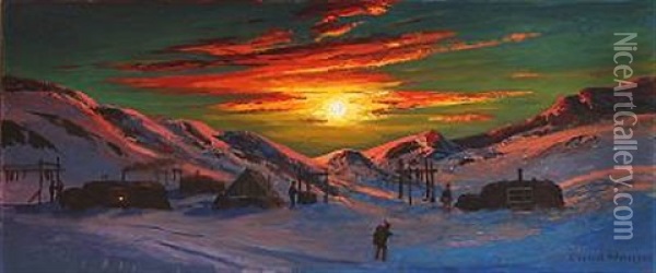 Sunset Over The Settlement On Greenland Oil Painting - Emanuel A. Petersen