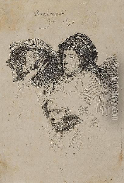 Three Heads Of Women; One Asleep (bartsch 368) Oil Painting - Rembrandt Van Rijn