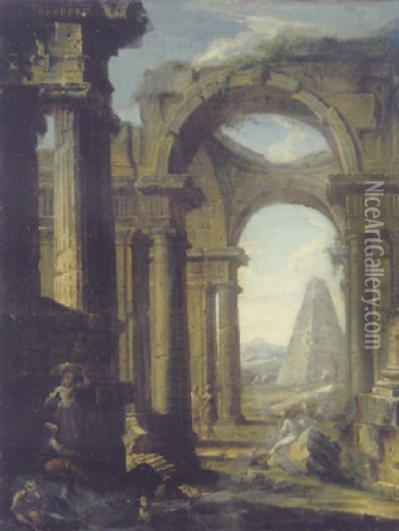 A Capriccio Of Roman Ruins With The Pyramid Of Cestus And Banditti In The Foreground Oil Painting - Giovanni Paolo Panini
