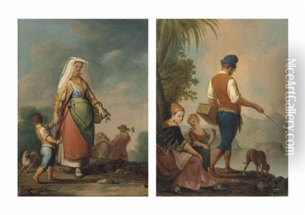 A Mother And Child In Neapolitan Dress Gathering Vegetables, A Farmer Harvesting Beyond; And A Family In Traditional Neapolitan Dress Fishing Beside A River, A Mountainous Landscape Beyond (pair) Oil Painting - Pietro Fabris