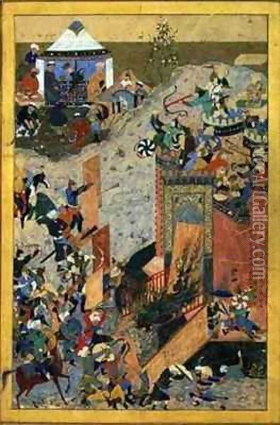 Assault on a Castle, Persian, Timurid Period Oil Painting - (Kamal al-Din Bihzad) Bihzad