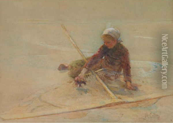 Girl Collecting Crabs On The Beach Oil Painting - Hector Caffieri