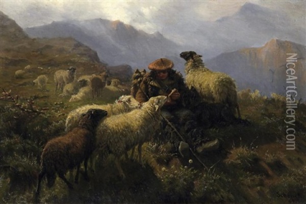 Hirte Bei Seinen Schafen Im Schottischen Hochland Oil Painting - August Friedrich Albrecht Schenck