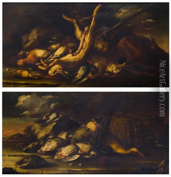Nature Morte Con Anatre E Cacciagione (pair) Oil Painting - Baldassare De Caro