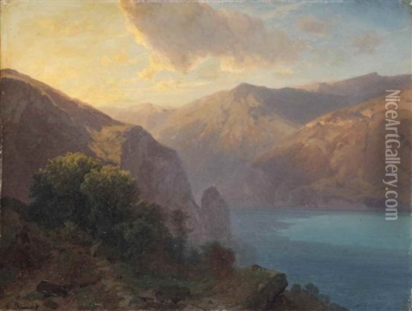 Pres De Seelisberg: A View Of Lac De Lucerne Seen From The Seelisberg, Switzerland Oil Painting - Alexandre Calame