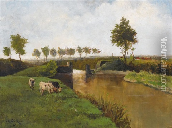 Sommerliche Kanalpartie Mit Weidenden Kuhen Oil Painting - Johannes Hubertus Leonardus de Haas