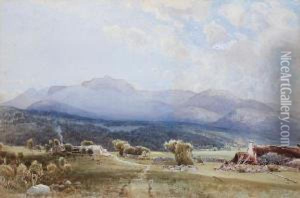 Extensive Landscape With Langdale Pikes Oil Painting - Frederick Tucker