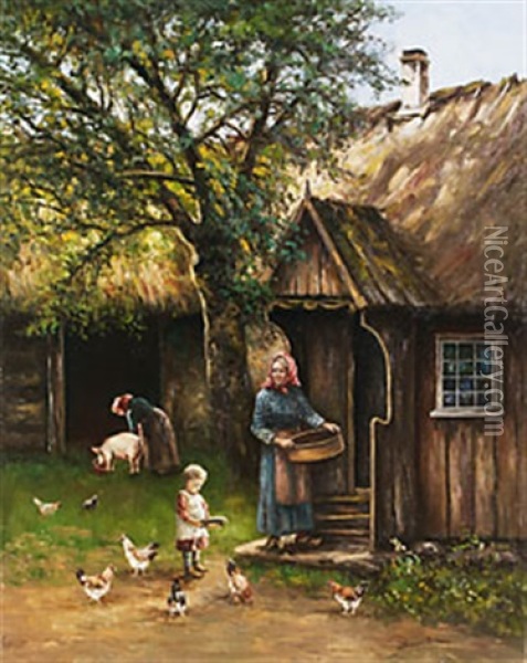 Vardagsbestyr Pa Gardstappan Oil Painting - Johan Severin Nilsson