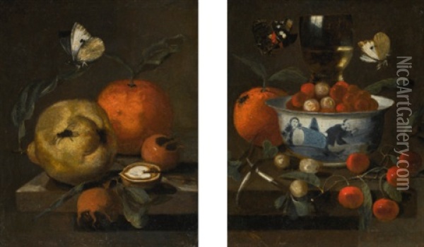 A Pear, An Orange, Medlars And Half A Walnut On A Stone Ledge, A Cabbage White Butterfly Above; A Chinese Porcelain Bowl With Strawberries, Cherries, An Orange And A Roemer Glass On A Ledge, Together With Two Butterflies Oil Painting - Martinus Nellius