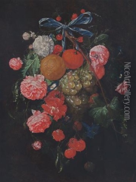A Festoon Of Roses, Morning Glory, An Orange, Mandarines, Grapes, Cherries And Pea Pods, Tied Togetherwith A Blue Ribbon And Hanging From A Nail Oil Painting - Cornelis De Heem