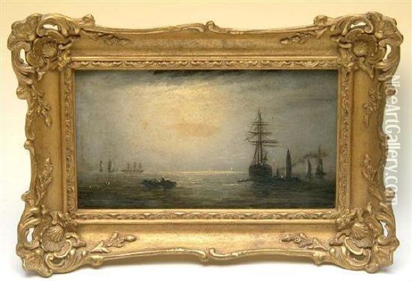 A Calm Sea With Sailing Vessels At Moonlight Oil Painting - William Adolphu Knell