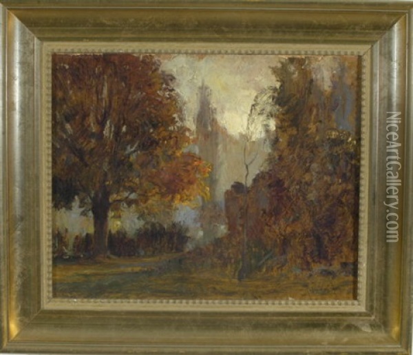 Dunstige Parklandschaft Mit Herbstbaumen Oil Painting - Lidio Ajmone