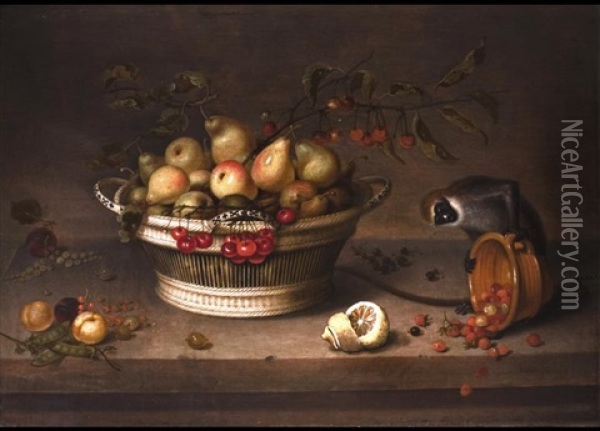 Stilleben Mit Fruchtekorb Und Einem Kleinen Affen Oil Painting - Johannes Bouman