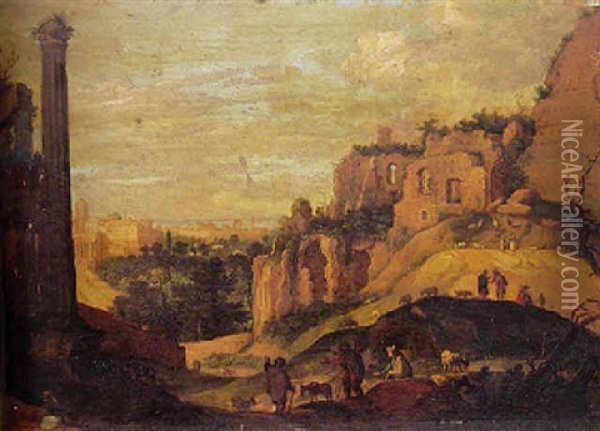 A Capriccio View Of Rome, With Figures And Farm Animals Near Ruins In The Foreground Oil Painting - Willem van Nieulandt the Younger