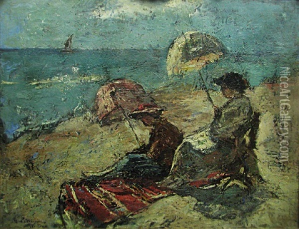 On The Cliff Under The Umbrella Oil Painting - Gheorghe Petrascu