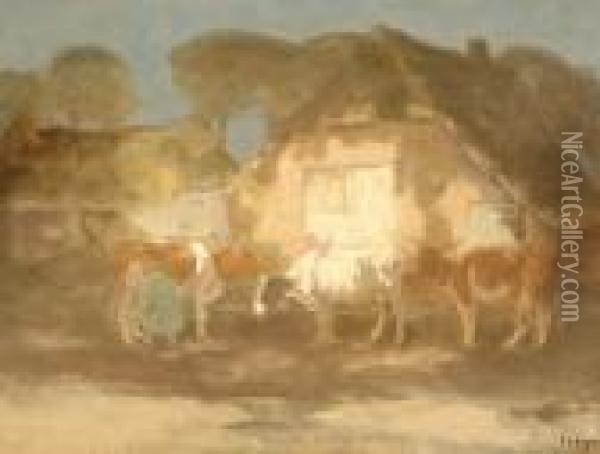 Milking Time In The Farm-yard Oil Painting - Fedor Van Kregten