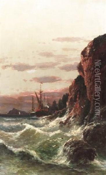 Skandinavische Kustenlandschaft Mit Kustenfischern Auf Sturmischer See Oil Painting - Adolf Kaufmann