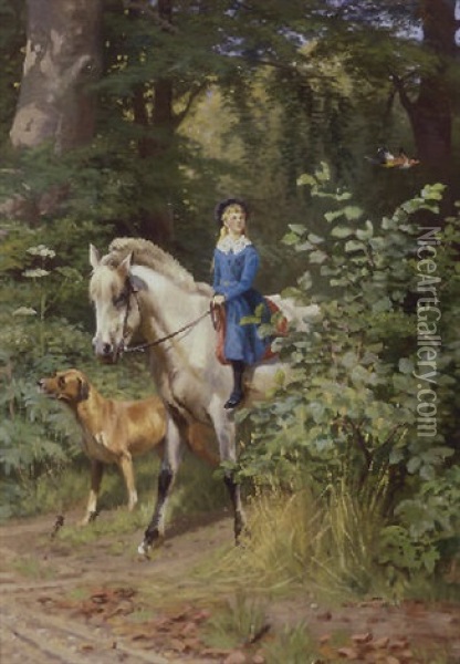 Skovparti Med Ridende Pige Og Stor Bund Oil Painting - Adolf Heinrich Mackeprang