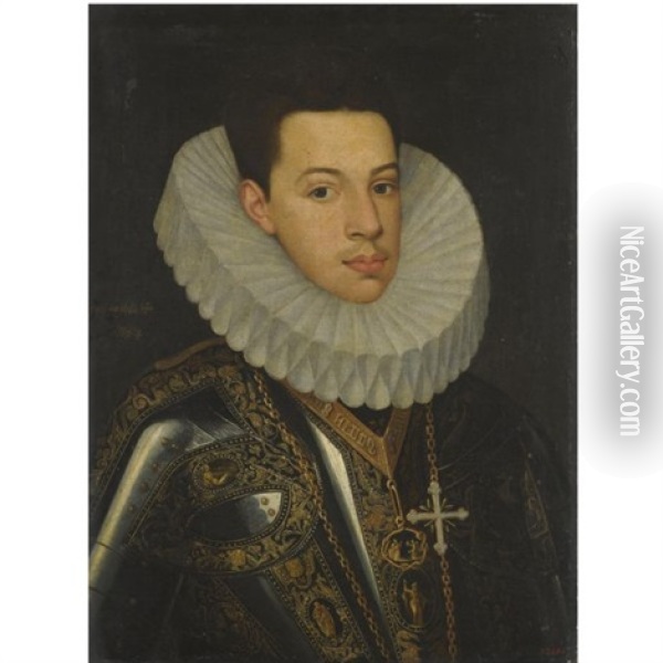 Portrait Of Prince Felipe Emmanuele Of Savoy Wearing The Badges Of The Orders Of The Annunziata And St. Mauricius And Lazarus Oil Painting - Juan Pantoja de la Cruz