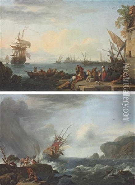 A Mediterranean Harbour With Sailors Loading A Boat, A Genoese Man-of-war (+ A British Man-of-war In Rough Seas; Pair) Oil Painting - Adrien Manglard