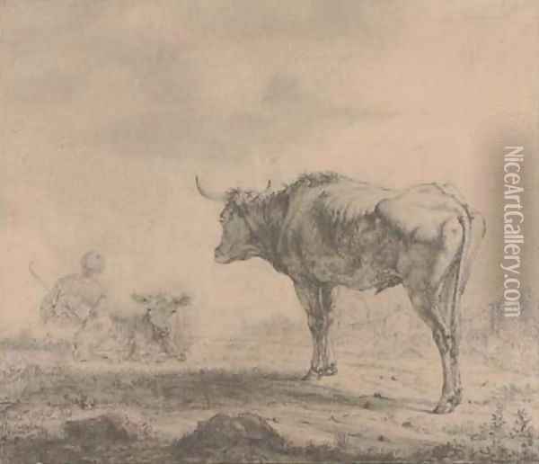 A bull looking over a resting drover Oil Painting - Karel Dujardin