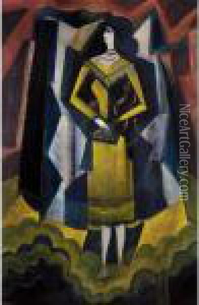 Stehende Im Gelben Kleid (standing Woman In Yellow Dress) Oil Painting - Hugo Scheiber