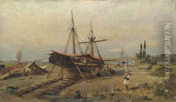 At The Shipyard Oil Painting - Konstantinos Volanakis