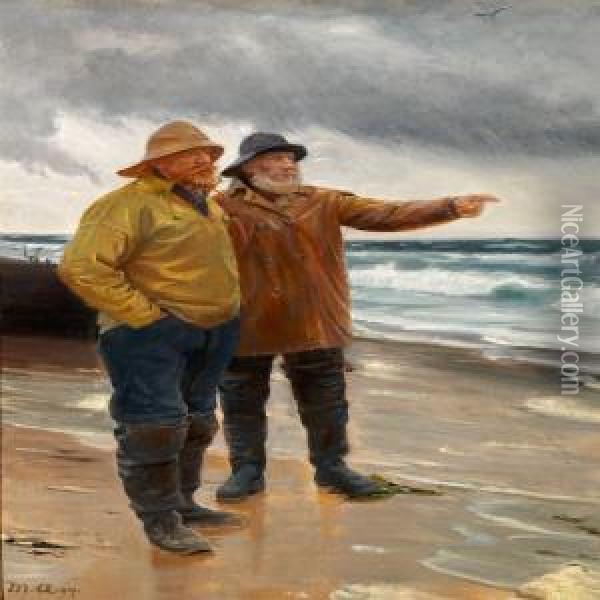 Two Fishermen On The Beach, One Is Pointing Towards The Sea Oil Painting - Michael Ancher