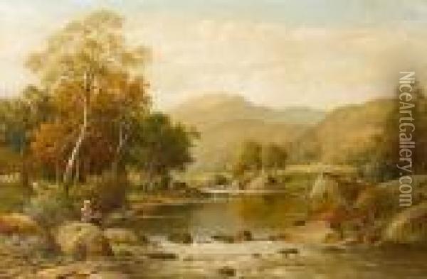 Figures Fishing In A Landscape Oil Painting - William Henry Mander
