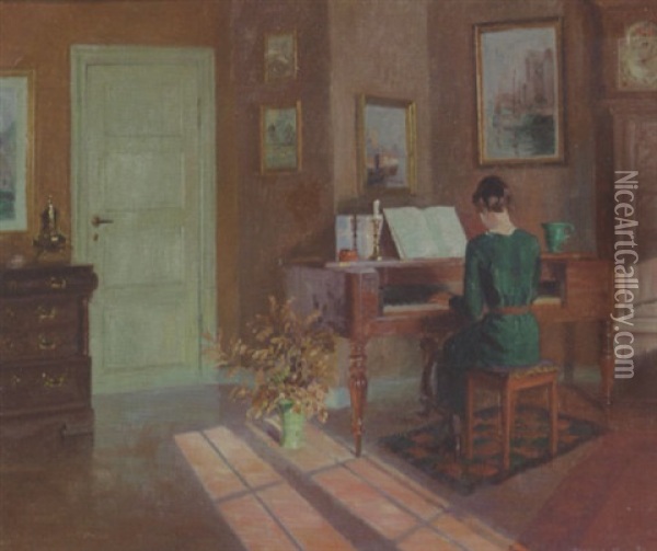 A Lady Playing A Piano In A Sunlit Interior Oil Painting - Robert Panitzsch