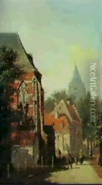 Figures By A Church Oil Painting - Adrianus Eversen