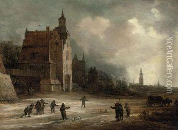 Soldiers Playing Skittles On A Road By A Manor House, A View Ofbreda Beyond Oil Painting - Frans de Momper