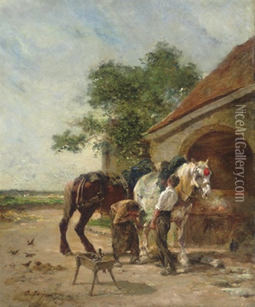 Attending To The Horses Oil Painting - Charles Emile Jacque