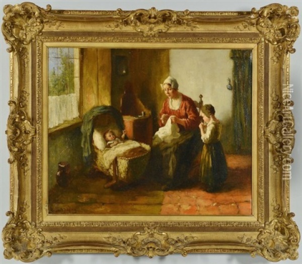 Genre Scene Depicting A Mother Sewing Oil Painting - Bernard de Hoog