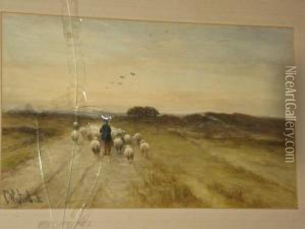 Shepherd And Flock On A Country Lane Oil Painting - Cornelis I Westerbeek