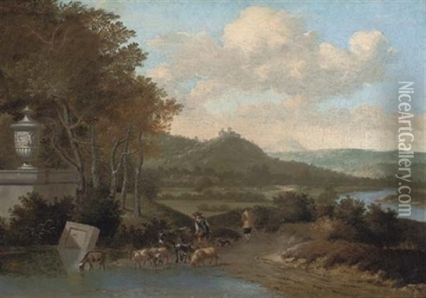A Wooded River Landscape With Shepherds And Their Flock Oil Painting - Willem de Heusch