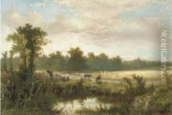 Wolfheze: Cowherds And Cattle Near A Fen At Dusk Oil Painting - Johannes Warnardus Bilders