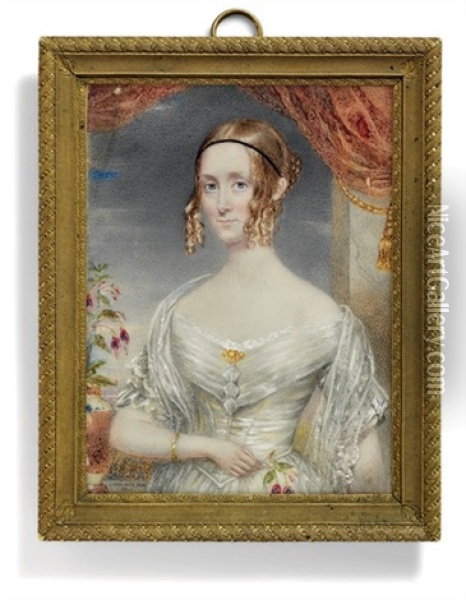 A Young Lady In White Dress, Lace Shawl, Gold Brooch And Bracelet Oil Painting - James Holmes