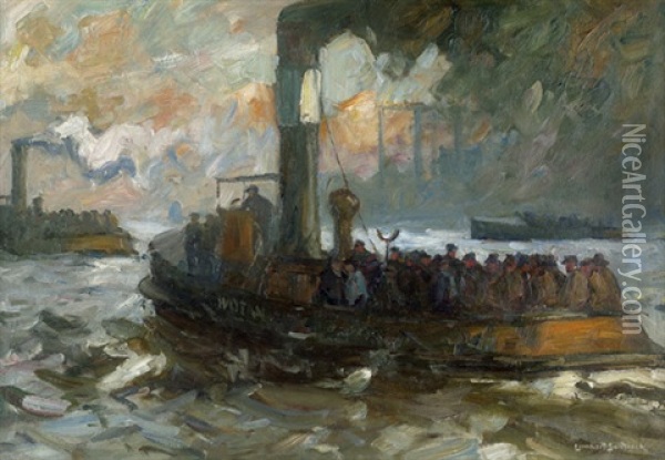 Ruckkehr Der Werftarbeiter (hamburg) Oil Painting - Leonhard Sandrock