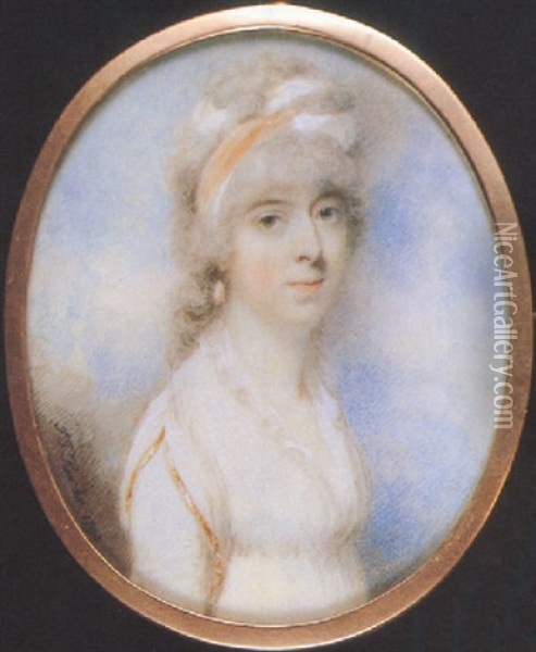 Mrs. Butler, In White Dress With Frilled Neckline, The Sleeve Edged With Gold, Drop Pearl Earrings, A Pale Brown And White Bandeau In Her Powdered Hair Oil Painting - Sampson Towgood Roch