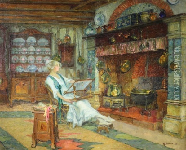 La Brodeuse Dans Un Interieur A Benouville Oil Painting - Henri Gaston Darien