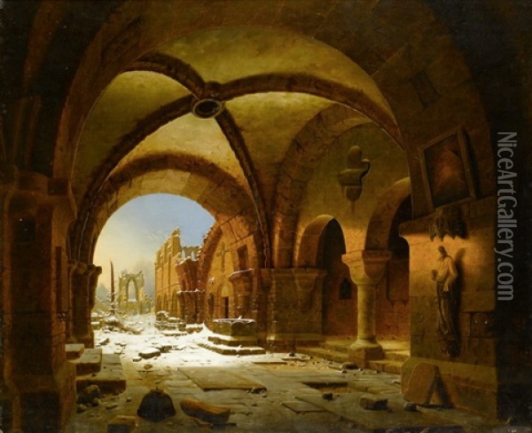 Ansicht Des Kreuzganges Kloster Walkenried In Der Dammerung Oil Painting - Carl Georg Adolph Hasenpflug